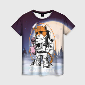 Женская футболка 3D с принтом Catronaut в Кировске, 100% полиэфир ( синтетическое хлопкоподобное полотно) | прямой крой, круглый вырез горловины, длина до линии бедер | moon | арт | день космонавтики | звезды | космонавт | космос | лого | луна | небо | планеты