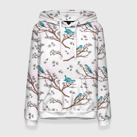 Женская толстовка 3D с принтом Птички весной на ветках Сакуры в Кировске, 100% полиэстер  | двухслойный капюшон со шнурком для регулировки, мягкие манжеты на рукавах и по низу толстовки, спереди карман-кенгуру с мягким внутренним слоем. | bird | birds | branch | cherry blossom | japan | japanese | pattern | plum | sakura | spring | tree | весна | ветки | вишня | дерево | дрозды | на ветках | паттерн | птица | синий дрозд | слива | узор | ханами | цветение сакуры | япония