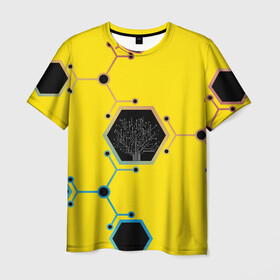 Мужская футболка 3D с принтом Cyborg Q в Кировске, 100% полиэфир | прямой крой, круглый вырез горловины, длина до линии бедер | chip | geometry | дерево | киборг | нейросеть | схема