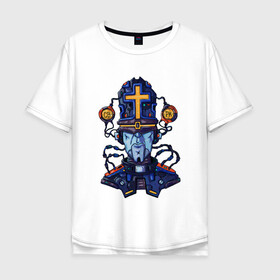 Мужская футболка хлопок Oversize с принтом Пастыри андроид в Кировске, 100% хлопок | свободный крой, круглый ворот, “спинка” длиннее передней части | андроид | крест | меха | пастырь | робо | священник | стимпанк
