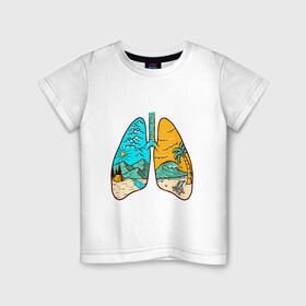 Детская футболка хлопок с принтом Дыхание свободы в Кировске, 100% хлопок | круглый вырез горловины, полуприлегающий силуэт, длина до линии бедер | горы | дыхание | легкие | море | небо | облака | палатка | пальма | туризм