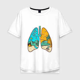 Мужская футболка хлопок Oversize с принтом Дыхание свободы в Кировске, 100% хлопок | свободный крой, круглый ворот, “спинка” длиннее передней части | горы | дыхание | легкие | море | небо | облака | палатка | пальма | туризм
