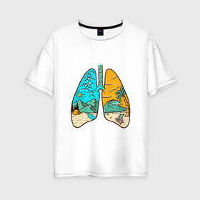 Женская футболка хлопок Oversize с принтом Дыхание свободы в Кировске, 100% хлопок | свободный крой, круглый ворот, спущенный рукав, длина до линии бедер
 | горы | дыхание | легкие | море | небо | облака | палатка | пальма | туризм