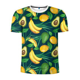 Мужская футболка 3D спортивная с принтом Фрукты в Кировске, 100% полиэстер с улучшенными характеристиками | приталенный силуэт, круглая горловина, широкие плечи, сужается к линии бедра | Тематика изображения на принте: avokado | авокадо | бананы | лимоны | фрукты