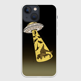 Чехол для iPhone 13 mini с принтом НЛО похищает динозавров в Кировске,  |  | Тематика изображения на принте: дино | динозавры | инопланетяни | летающая тарелка | наса | нло