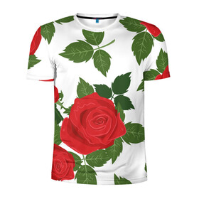 Мужская футболка 3D спортивная с принтом Большие розы в Кировске, 100% полиэстер с улучшенными характеристиками | приталенный силуэт, круглая горловина, широкие плечи, сужается к линии бедра | арт | белый | большие бутоны | большие розы | большой бутон | зелёный | красная роза | красные розы | красные цветы | красный | красный цветок | листок | листья | поле | поле цветов | рисунок | роза