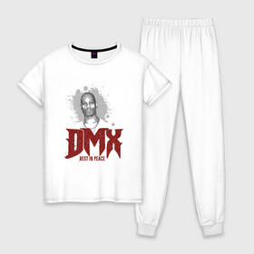 Женская пижама хлопок с принтом DMX - Rest In Peace в Кировске, 100% хлопок | брюки и футболка прямого кроя, без карманов, на брюках мягкая резинка на поясе и по низу штанин | Тематика изображения на принте: dmx | dog | earl simmons | hip hop | music | new york | rap | rapper | rip | ruff ryders | диэмикс | музыка | нью йорк | пёс | рэп | рэпер | хипхоп | эрл симмонс