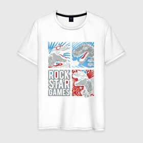 Мужская футболка хлопок с принтом Rock Star Dino Динозавр геймер в Кировске, 100% хлопок | прямой крой, круглый вырез горловины, длина до линии бедер, слегка спущенное плечо. | dino | games | roar | rock | rock star | t rex | дино | динозавр | динозавры | рок | рокер