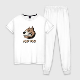 Женская пижама хлопок с принтом MAD DOG в Кировске, 100% хлопок | брюки и футболка прямого кроя, без карманов, на брюках мягкая резинка на поясе и по низу штанин | mad dog | животное | злая собака | питбуль | рисунок | собака