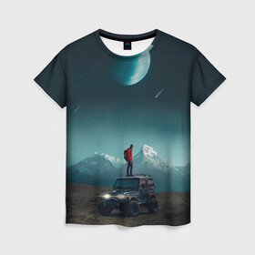 Женская футболка 3D с принтом Космос в горах в Кировске, 100% полиэфир ( синтетическое хлопкоподобное полотно) | прямой крой, круглый вырез горловины, длина до линии бедер | горы | звёзды | космос | луна | небо | фантастика | чудо