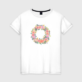 Женская футболка хлопок с принтом Цветочный Венок в Кировске, 100% хлопок | прямой крой, круглый вырез горловины, длина до линии бедер, слегка спущенное плечо | растение | рисунок | розы | цветочный венок | цветы