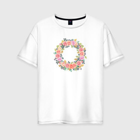 Женская футболка хлопок Oversize с принтом Цветочный Венок в Кировске, 100% хлопок | свободный крой, круглый ворот, спущенный рукав, длина до линии бедер
 | растение | рисунок | розы | цветочный венок | цветы