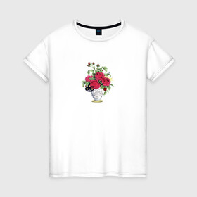Женская футболка хлопок с принтом Розы в вазе в Кировске, 100% хлопок | прямой крой, круглый вырез горловины, длина до линии бедер, слегка спущенное плечо | ваза | растение | рисунок | розы | розы в вазе | цветы