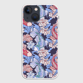 Чехол для iPhone 13 mini с принтом Карпы КОИ и цветки Лотоса в Кировске,  |  | flowers | japan | japan koi | japanese | koi fish | lotus | pattern | большие глаза | декоративные рыбки | животные | карп | карпы | паттерн | разноцветные рыбки | рыбки | сазан | сазаны | символ жизни | узор из рыб | цветы