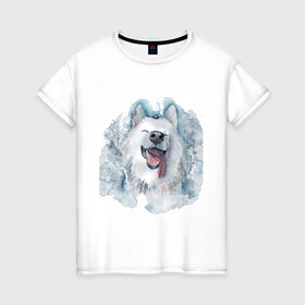 Женская футболка хлопок с принтом Самоед в Кировске, 100% хлопок | прямой крой, круглый вырез горловины, длина до линии бедер, слегка спущенное плечо | животные | лайка | питомцы | самоед | самоедская лайка | собака | собаки