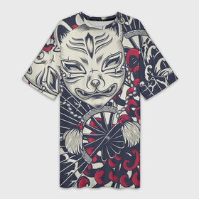 Платье-футболка 3D с принтом Кицунэ | Маска лисы (Z) в Кировске,  |  | Тематика изображения на принте: fox | japan | кицунэ | лиса | традиции | традиция | япония | японская | японская традиции