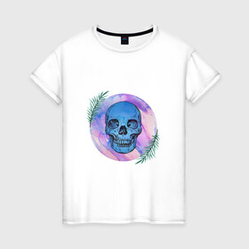 Женская футболка хлопок с принтом Акварель в Кировске, 100% хлопок | прямой крой, круглый вырез горловины, длина до линии бедер, слегка спущенное плечо | акварель | краски | принт | растения | цветы | череп
