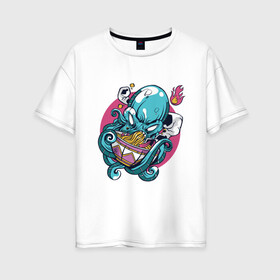 Женская футболка хлопок Oversize с принтом Anime Octopus eating Ramen в Кировске, 100% хлопок | свободный крой, круглый ворот, спущенный рукав, длина до линии бедер
 | anime | cook | fish | food | japan | kanji | kraken | manga | octopus | ramen | волны | еда | кандзи | катакана | кок | лапша | море | надписи | океан | осьминог | палочки | повар | рыба | символы | хирагана | япония | японские иероглифы