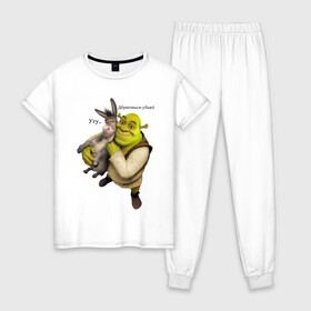 Женская пижама хлопок с принтом Shrek-Donkey в Кировске, 100% хлопок | брюки и футболка прямого кроя, без карманов, на брюках мягкая резинка на поясе и по низу штанин | dreamworks | shrek | арт | лого | мультфильм | постер | шрек