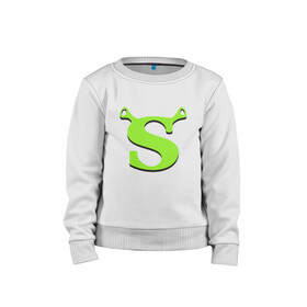 Детский свитшот хлопок с принтом Shrek Logo (+спина) (Z) в Кировске, 100% хлопок | круглый вырез горловины, эластичные манжеты, пояс и воротник | Тематика изображения на принте: dreamworks | shrek | зелёный огр | мульт | мультфильм | приключения