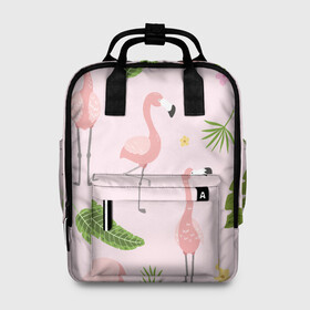 Женский рюкзак 3D с принтом Фламинго в Кировске, 100% полиэстер | лямки с регулируемой длиной, сверху ручки, чтобы рюкзак нести как сумку. Основное отделение закрывается на молнию, как и внешний карман. Внутри два дополнительных кармана, один из которых закрывается на молнию. По бокам два дополнительных кармашка, куда поместится маленькая бутылочка
 | pink flamingo | листья | птицы | фламинго | цветы