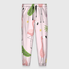 Женские брюки 3D с принтом Фламинго в Кировске, полиэстер 100% | прямой крой, два кармана без застежек по бокам, с мягкой трикотажной резинкой на поясе и по низу штанин. В поясе для дополнительного комфорта — широкие завязки | pink flamingo | листья | птицы | фламинго | цветы