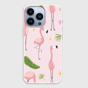 Чехол для iPhone 13 Pro с принтом Фламинго в Кировске,  |  | pink flamingo | листья | птицы | фламинго | цветы