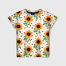 Детская футболка 3D с принтом Оранжевые летние подсолнухи в Кировске, 100% гипоаллергенный полиэфир | прямой крой, круглый вырез горловины, длина до линии бедер, чуть спущенное плечо, ткань немного тянется | flower | flowers | pattern | summer | sunflower | sunflower pattern | sunflowers | wildflowers | астра | астровые | веснушки | лето | паттерн | подсолнечник однолетний | подсолнух | полевые цветы | рисунок подсолнухов | узор