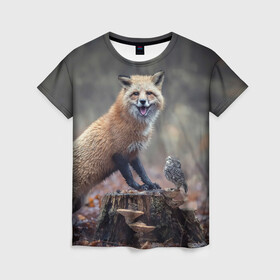 Женская футболка 3D с принтом Лисица и птичка в Кировске, 100% полиэфир ( синтетическое хлопкоподобное полотно) | прямой крой, круглый вырез горловины, длина до линии бедер | fox | foxy | животное | звери | лиса | лисенок | лисичка | милая | рыжая | фокс