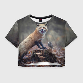 Женская футболка Crop-top 3D с принтом Лисица и птичка в Кировске, 100% полиэстер | круглая горловина, длина футболки до линии талии, рукава с отворотами | fox | foxy | животное | звери | лиса | лисенок | лисичка | милая | рыжая | фокс