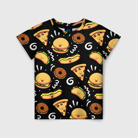 Детская футболка 3D с принтом Фастфуд в Кировске, 100% гипоаллергенный полиэфир | прямой крой, круглый вырез горловины, длина до линии бедер, чуть спущенное плечо, ткань немного тянется | Тематика изображения на принте: burger | cheese | donut | food | hot dog | pizza | sandwich | бургер | еда | пицца | пончик | сыр | сэндвич | фастфуд | хот дог