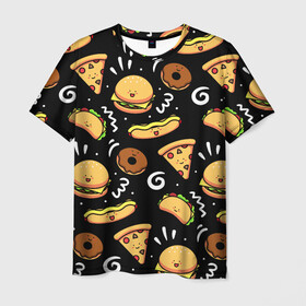 Мужская футболка 3D с принтом Фастфуд в Кировске, 100% полиэфир | прямой крой, круглый вырез горловины, длина до линии бедер | Тематика изображения на принте: burger | cheese | donut | food | hot dog | pizza | sandwich | бургер | еда | пицца | пончик | сыр | сэндвич | фастфуд | хот дог