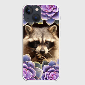Чехол для iPhone 13 mini с принтом Енот среди цветов в Кировске,  |  | енот | животное | зверь | полоскун | цветок | цветы