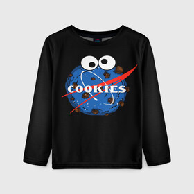 Детский лонгслив 3D с принтом Cookies в Кировске, 100% полиэстер | длинные рукава, круглый вырез горловины, полуприлегающий силуэт
 | cookies | nasa | астронавт | астрономия | глазки | земля | космос | наса | печенье | печеньки | планета | смайл | спутник
