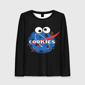 Женский лонгслив 3D с принтом Cookies в Кировске, 100% полиэстер | длинные рукава, круглый вырез горловины, полуприлегающий силуэт | cookies | nasa | астронавт | астрономия | глазки | земля | космос | наса | печенье | печеньки | планета | смайл | спутник