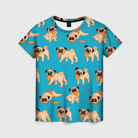 Женская футболка 3D с принтом Мопсы с пиццей в Кировске, 100% полиэфир ( синтетическое хлопкоподобное полотно) | прямой крой, круглый вырез горловины, длина до линии бедер | колбаса | мопс | пицца | порода | собака | собаки | собачка | собачки | щенки