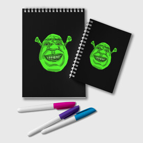 Блокнот с принтом Shreks Face в Кировске, 100% бумага | 48 листов, плотность листов — 60 г/м2, плотность картонной обложки — 250 г/м2. Листы скреплены удобной пружинной спиралью. Цвет линий — светло-серый
 | Тематика изображения на принте: donkey | fiona | gonna | is | life | love | me | once | roll | shrek | somebody | the | told | world | артур | в | гарольд | дракон | жизнь | кот | лорд | любовь | мем | мерлин | огр | осел | пиноккио | пряник | сапогах | фаркуад | фиона | чарм