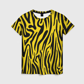 Женская футболка 3D с принтом Тигровые полоски в Кировске, 100% полиэфир ( синтетическое хлопкоподобное полотно) | прямой крой, круглый вырез горловины, длина до линии бедер | абстракция | зоопринт | орнамент | полоски | полосы | пчелиный | тигровый