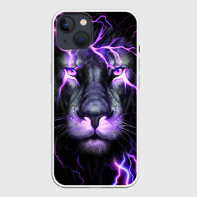 Чехол для iPhone 13 с принтом НЕОНОВЫЙ ЛЕВ  NEON LION в Кировске,  |  | lion | neon | голова | гроза | дикая кошка | животные | кот | кошка | лев | молния | неон | тигр | хищник