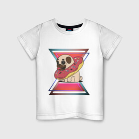 Детская футболка хлопок с принтом Щенок и пончик в Кировске, 100% хлопок | круглый вырез горловины, полуприлегающий силуэт, длина до линии бедер | абстракция | еда | животные | мопс | пончик | пончики | щенок
