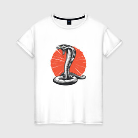 Женская футболка хлопок с принтом Японская Кобра | Japan Cobra в Кировске, 100% хлопок | прямой крой, круглый вырез горловины, длина до линии бедер, слегка спущенное плечо | art | asp | aspid | cobra kai | japanese | poison | poisoned | red sun | snake | vemonous | venom | viper | арт | вайпер | восходящее солнце | змея | иллюстрация | кобра кай | красное солнце | рисунок кобры | солнце | яд | яд
