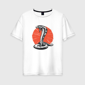Женская футболка хлопок Oversize с принтом Японская Кобра | Japan Cobra в Кировске, 100% хлопок | свободный крой, круглый ворот, спущенный рукав, длина до линии бедер
 | art | asp | aspid | cobra kai | japanese | poison | poisoned | red sun | snake | vemonous | venom | viper | арт | вайпер | восходящее солнце | змея | иллюстрация | кобра кай | красное солнце | рисунок кобры | солнце | яд | яд