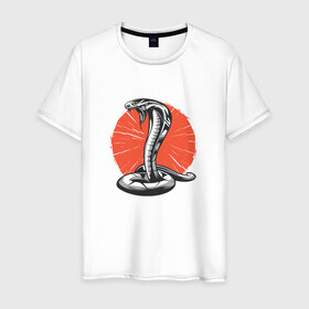 Мужская футболка хлопок с принтом Японская Кобра | Japan Cobra в Кировске, 100% хлопок | прямой крой, круглый вырез горловины, длина до линии бедер, слегка спущенное плечо. | art | asp | aspid | cobra kai | japanese | poison | poisoned | red sun | snake | vemonous | venom | viper | арт | вайпер | восходящее солнце | змея | иллюстрация | кобра кай | красное солнце | рисунок кобры | солнце | яд | яд