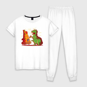 Женская пижама хлопок с принтом Пицца против Годзиллы в Кировске, 100% хлопок | брюки и футболка прямого кроя, без карманов, на брюках мягкая резинка на поясе и по низу штанин | арт | годзилла | графика | динозавр | пицца