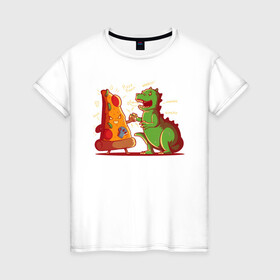 Женская футболка хлопок с принтом Пицца против Годзиллы в Кировске, 100% хлопок | прямой крой, круглый вырез горловины, длина до линии бедер, слегка спущенное плечо | арт | годзилла | графика | динозавр | пицца