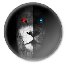 Значок с принтом ЛЕВ - НЕОНОВЫЕ ГЛАЗА в Кировске,  металл | круглая форма, металлическая застежка в виде булавки | lion | neon | глаза | голова | дикая кошка | животные | кот | кошка | лев | неон | светящиеся глаза | тигр | хищник