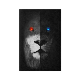 Обложка для паспорта матовая кожа с принтом ЛЕВ - НЕОНОВЫЕ ГЛАЗА в Кировске, натуральная матовая кожа | размер 19,3 х 13,7 см; прозрачные пластиковые крепления | lion | neon | глаза | голова | дикая кошка | животные | кот | кошка | лев | неон | светящиеся глаза | тигр | хищник