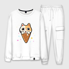 Мужской костюм хлопок с принтом Ice Cream Cat в Кировске, 100% хлопок | на свитшоте круглая горловина, мягкая резинка по низу. Брюки заужены к низу, на них два вида карманов: два “обычных” по бокам и два объемных, с клапанами, расположенные ниже линии бедра. Брюки с мягкой трикотажной резинкой на поясе и по низу штанин. В поясе для дополнительного комфорта — широкие завязки | animal | cat | cute | kitty | meow | друг | животные | киска | китти | кот | котенок | котик | котэ | кошечка | кошка | милый | мороженое | мур | мяу | питомец | тигр