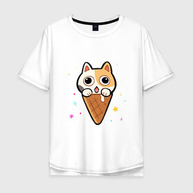 Мужская футболка хлопок Oversize с принтом Ice Cream Cat в Кировске, 100% хлопок | свободный крой, круглый ворот, “спинка” длиннее передней части | animal | cat | cute | kitty | meow | друг | животные | киска | китти | кот | котенок | котик | котэ | кошечка | кошка | милый | мороженое | мур | мяу | питомец | тигр