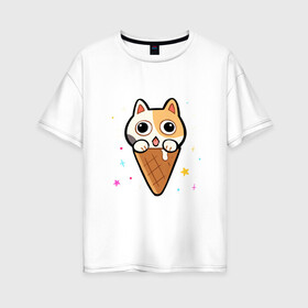 Женская футболка хлопок Oversize с принтом Ice Cream Cat в Кировске, 100% хлопок | свободный крой, круглый ворот, спущенный рукав, длина до линии бедер
 | animal | cat | cute | kitty | meow | друг | животные | киска | китти | кот | котенок | котик | котэ | кошечка | кошка | милый | мороженое | мур | мяу | питомец | тигр